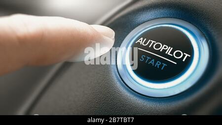 Finger pressing an autopilot button in a self driving car. Composite image between a hand photography and a 3D background. Stock Photo