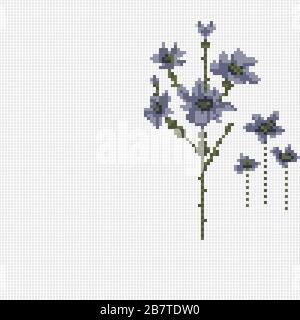 Hand embroidery style blue flowers illustration. Vertical directionbig and small flowers Stock Vector