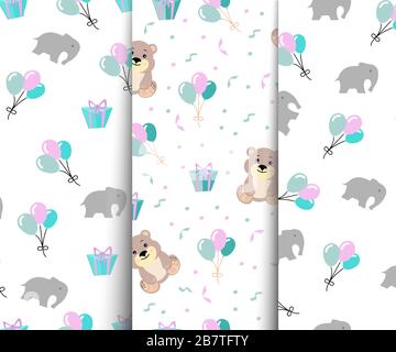 set with cute seamless pattern with animals bear and elephant with inflatable balloons and birthday gifts Stock Vector