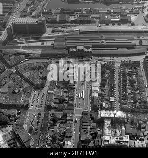 The Hague, Holland, August 29 - 1977: Historical aerial photo  in black and white of t old railway station Hollands Spoor and the PTT, post office bui Stock Photo