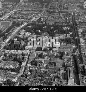 The Hague, Holland, August 29 - 1977: Historical aerial photo  in black and white of Plein 1813, independence square and Panorama Mesdag Museum Stock Photo