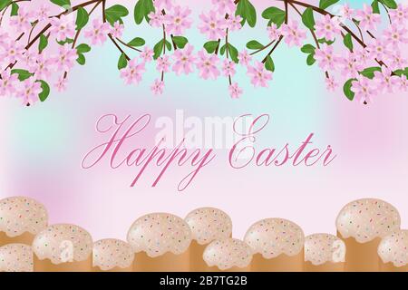 greeting card with pastry cake with pink flowers for Easter holiday in April Stock Vector
