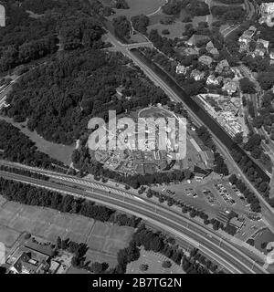 The Hague, Holland, August 29 - 1977: Historical aerial photo  in black and white of Madurodam, a miniature park, tourist attraction in the Schevening Stock Photo