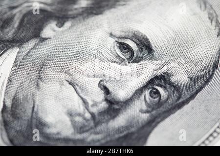 Portrait of Benjamin Franklin on 100 dollar bill macro, money concept Stock Photo