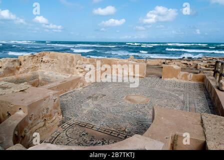 Mosaics in the remains of an ancient Roman house by the sea at the UNESCO Heritage Site of Sabratha, Libya, Oct 2007. Stock Photo