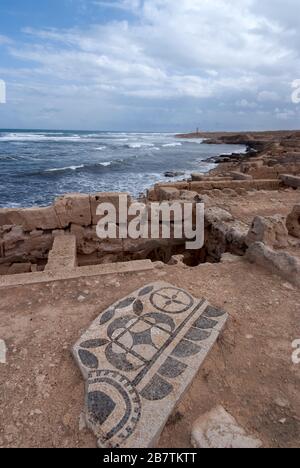 Mosaics in the remains of the Seawards Bath, located near the sea, one of the ancient Roman public baths at the UNESCO Heritage Site of Sabratha, Libya, Oct 2007. Stock Photo