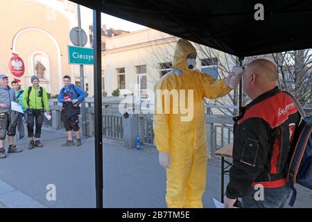 Health checks at the Cesky Tesin-Cieszyn border crossing, due to concerns about the spread of the new coronavirus. (CTK Photo/Grzegorz Klatka) Stock Photo