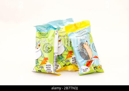 Alberton, South Africa - three Woolworths chocolate coated marshmallow Easter eggs isolated on a clear background image with copy space Stock Photo