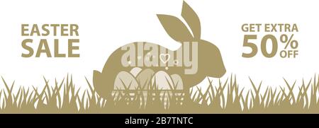 Rabbit and Easter eggs, vector banner template Stock Vector