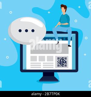 scan code qr in computer with man and icons Stock Vector