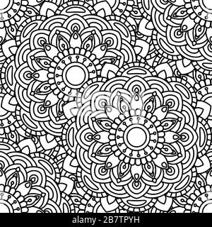 Mandala ethnic seamless pattern. Adult coloring page. Black and white repeat pattern background. Vector illustration. Stock Vector