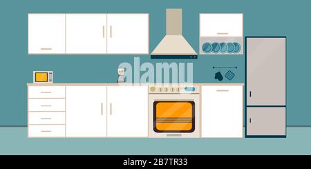 Kitchen white   interior dining flat illustration with microwave  and fringe oven refrigerator table with wood table and on blue  background Stock Vector
