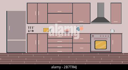 Kitchen interior, dining flat illustration with stove microwave oven refrigerator table and dishes on pink background Stock Vector