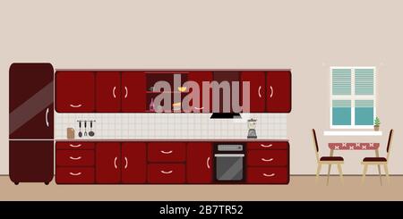 Kitchen red  interior dining flat illustration with blender oven refrigerator table with wood table and chair and window and dishes on pink background Stock Vector