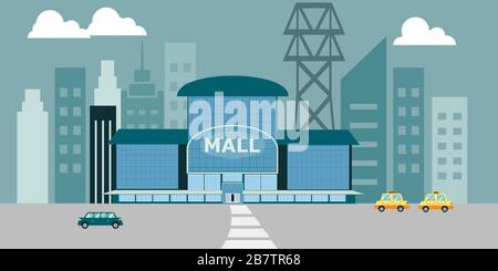 building facade shopping center mall house shop with glass windows for marketing and shopping on a street in the city with cars Stock Vector