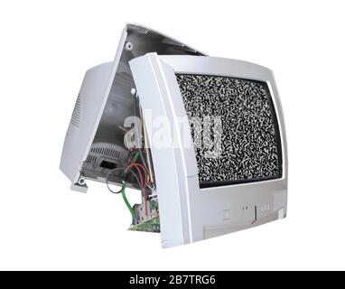 Old broken analog TV set with static noise Stock Photo