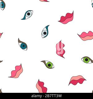 Seamless pattern background with lips and eyes. Lipstick and mascara vector illustration. Stock Vector
