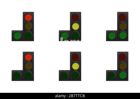 Set of traffic lights. Red, yellow and green. The traffic is straight and left. Vector illustration. Stock Vector