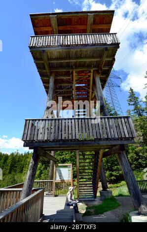 Kaunergrat, Tyrol - June 22, 2016: Unidentified people on wooden viewing tower in nature park Piller Moor Stock Photo