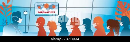 Group of people in hospital protecting themselves with medical mask waiting for a medical examination. Doctor with medical mask visiting coronavirus p Stock Vector