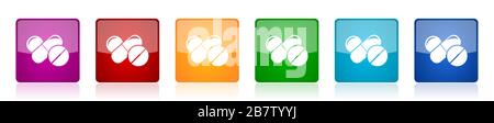 Medicine icon set, colorful square glossy vector illustrations in 6 options for web design and mobile applications Stock Vector