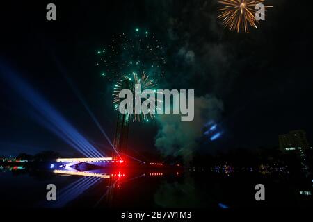 The Swadhinata Stambha at Suhrawardy Udyan is bathed in the glow of fireworks as the nation celebrates the 100th birth anniversary of Father of the Na Stock Photo