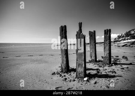 Old wooden structures at low tide near Jenny Brown’s Point near the village of Silverdale, Lancashire England UK GB. Stock Photo