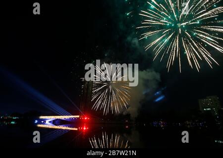 The Swadhinata Stambha at Suhrawardy Udyan is bathed in the glow of fireworks as the nation celebrates the 100th birth anniversary of Father of the Na Stock Photo