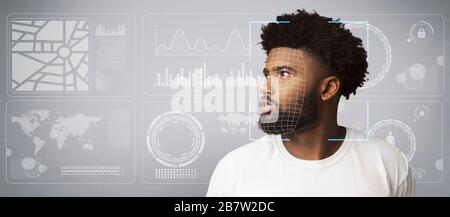 Personal data collection. Scan of African American male against virtual screen with diagrams, copy space Stock Photo