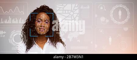 Cyber security. Scanning of African American woman's face against virtual interface with digital data, copy space Stock Photo