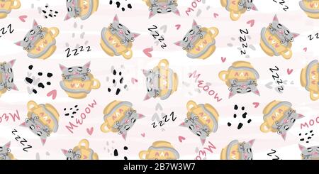Cute cat sleeping seamless pattern print. Vector nursery cartoon sleep gray animals, cute baby pattern background. Stock Vector