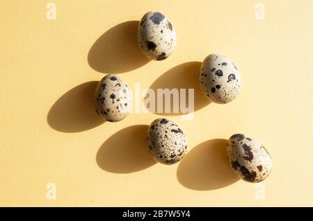 Top view of the five quail eggs with shadows on the yellow background. Minimalistic conceptual composition for Easter Holiday. Stock Photo