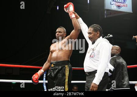 Dillian Whyte (black shorts) defeats Taya Mehmed (red shorts) in a Heavyweight boxing contest at Medway Park, Gillingham, promoted by Frank Maloney Stock Photo