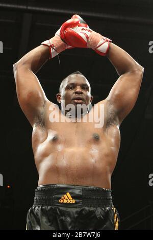 Dillian Whyte (black shorts) defeats Taya Mehmed (red shorts) in a Heavyweight boxing contest at Medway Park, Gillingham, promoted by Frank Maloney Stock Photo