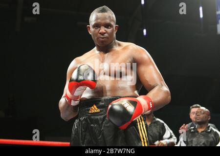 Dillian Whyte (black shorts) defeats Taya Mehmed (red shorts) in a Heavyweight boxing contest at Medway Park, Gillingham, promoted by Frank Maloney Stock Photo