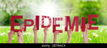 People Hands Holding Word Epidemie Means Epidemic, Grass Meadow Stock Photo