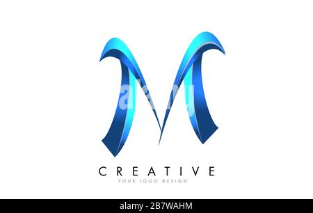 Creative M letter logo with Blue 3D bright Swashes. Blue Swoosh Icon Vector Illustration. Stock Vector