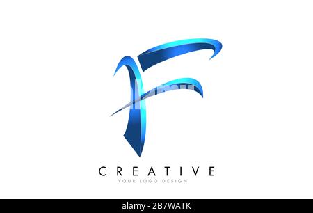 Creative F letter logo with Blue 3D bright Swashes. Blue Swoosh