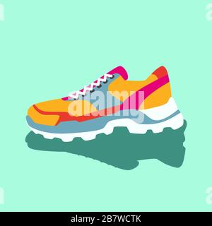 Colorful bright yellow pink blue orange sneakers. Vector flat illustration. Simple illustration of fitness and sport, gym shoe. Sign shop graphics Stock Vector