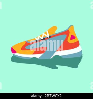 Colorful bright yellow pink blue orange sneakers. Vector flat illustration. Simple illustration of fitness and sport, gym shoe. Sign shop graphics Stock Vector