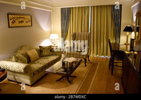 Interior of the living area and office space in a luxury apartment hotel room in Powerscourt Stock Photo