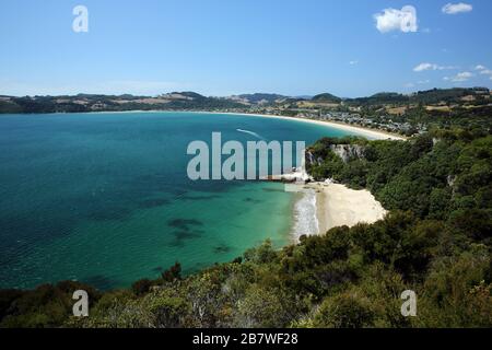 Lonely Bay, with Cook's Bay in the background, viewed from Shakespeare Cliff Lookout in New Zealand. Stock Photo