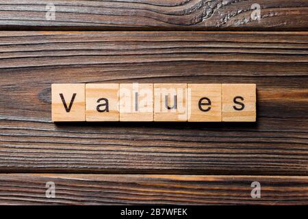 values word written on wood block. values text on table, concept. Stock Photo