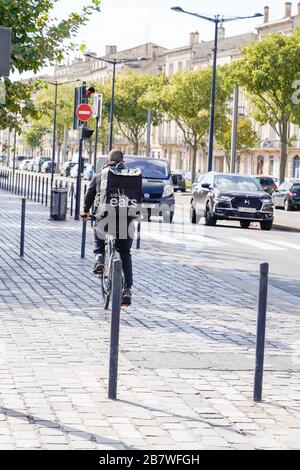 Bordeaux , Aquitaine / France - 10 13 2019 : delivery bike cycle Order delivery from restaurant Uber eats account to order pay track delivery online Stock Photo