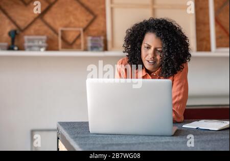 Woman using a laptop while working in her framing shop Stock Photo