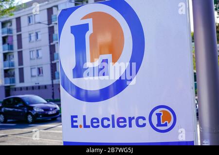 Bordeaux , Aquitaine / France - 11 13 2019 : E.Leclerc sign French hypermarket leclerc shop store with logo Stock Photo