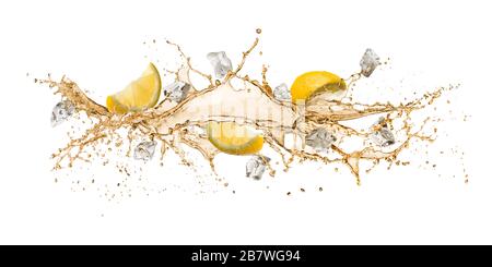 tea wave splashing with lemon slices and ice cube, isolated on white. Stock Photo