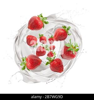 milk wave splashing with strawberries, isolated on white background Stock Photo