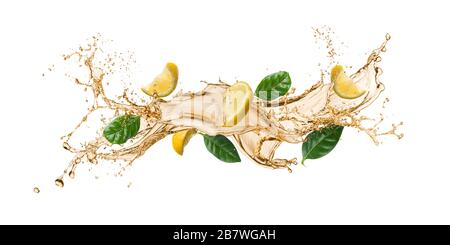 tea wave splashing with tea leaves and lemon slices, isolated on white. Stock Photo