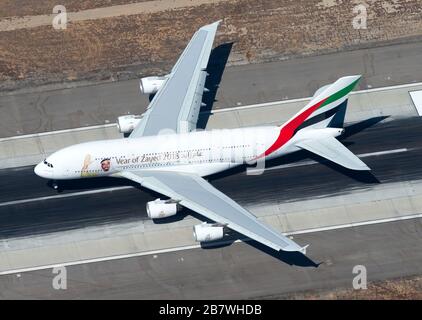 Emirates Airline Airbus A380 landing at Los Angeles LAX international airport. Aerial view of Emirates Airlines A380-800. Stock Photo